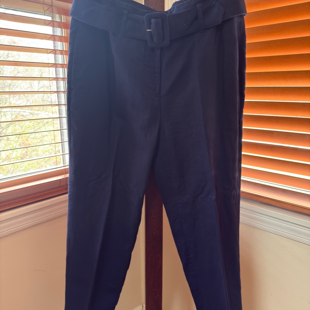 Boden Navy High-Waist Belted Ankle Linen Pants